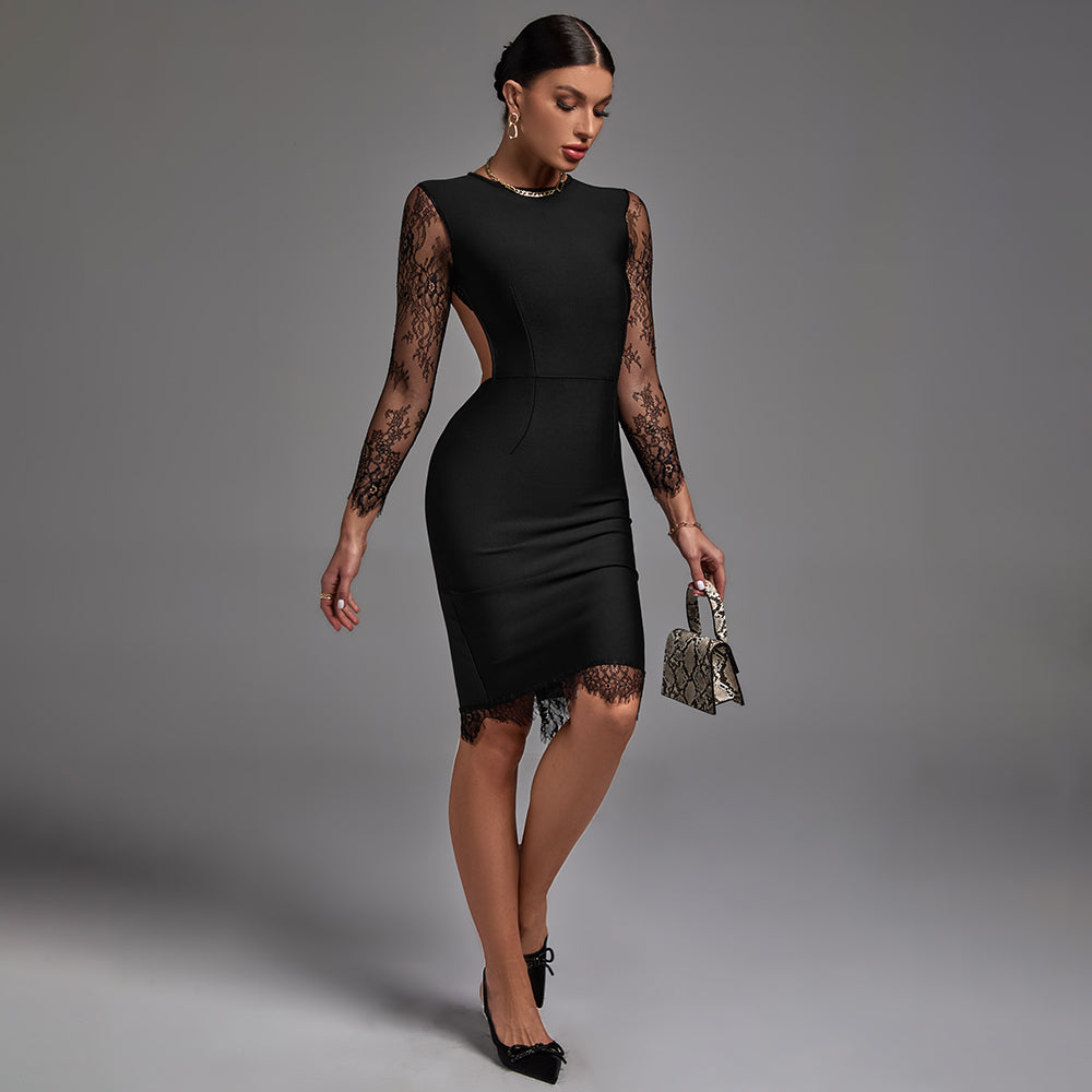 Black Round Neck Long Sleeve Lace Backless Bandage Dress HL8228