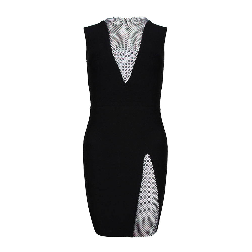 Round Neck Rhinestone Asymmetrical Mini Bandage Dress HL8511