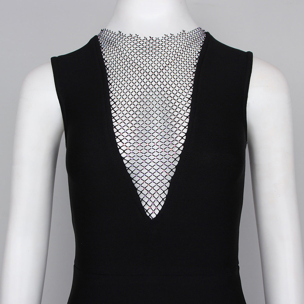 Round Neck Rhinestone Asymmetrical Mini Bandage Dress HL8511