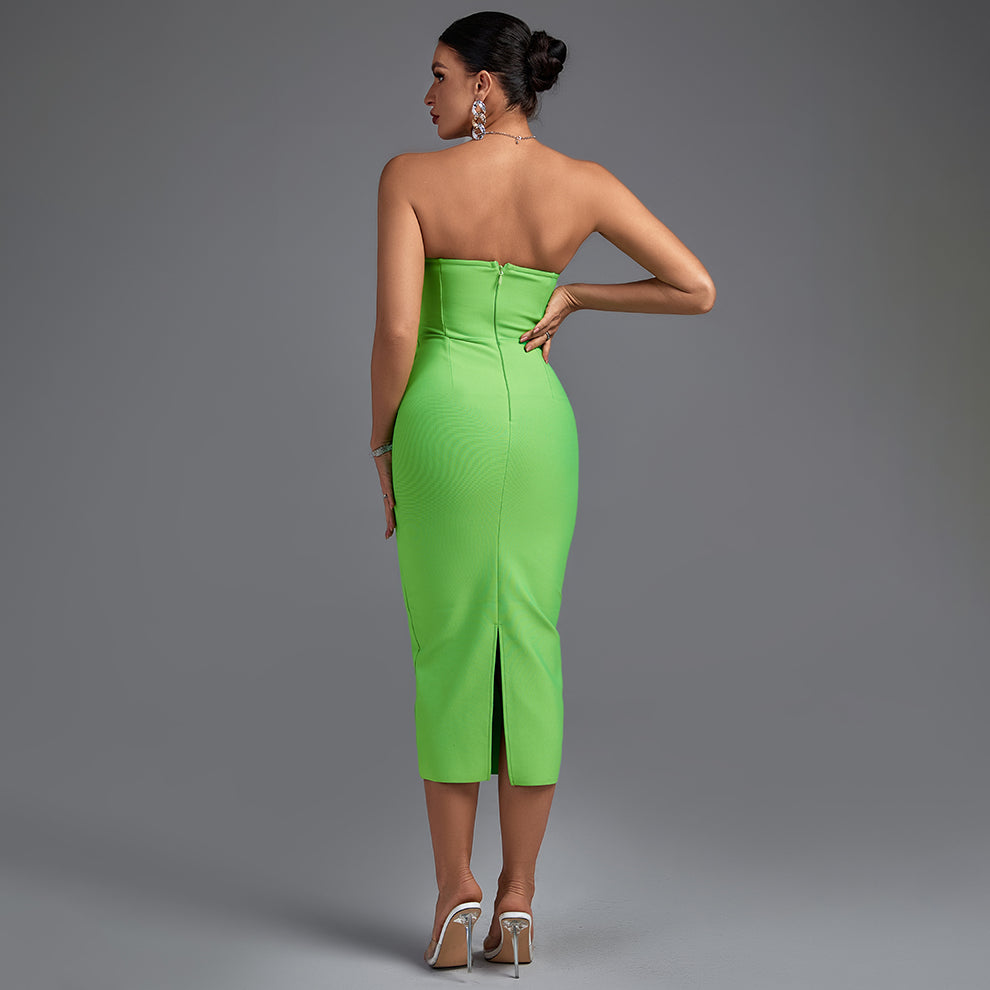 Green Strapless Sleeveless Plain Midi Bandage Dress HL8609