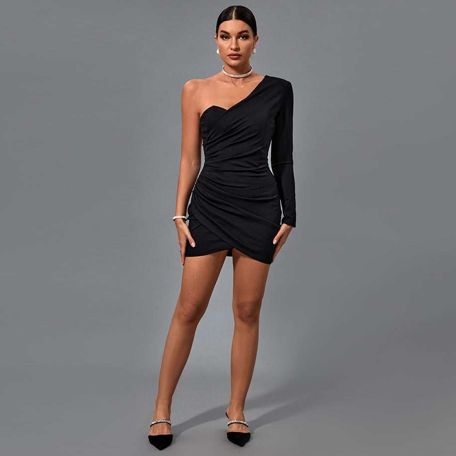 One Shoulder Long Sleeve Asymmetrical Mini Bodycon Dress HP1149