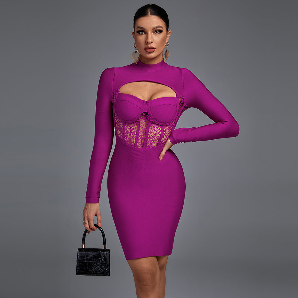 High Neck Long Sleeve Cut Out Midi Bandage Dress PF20011