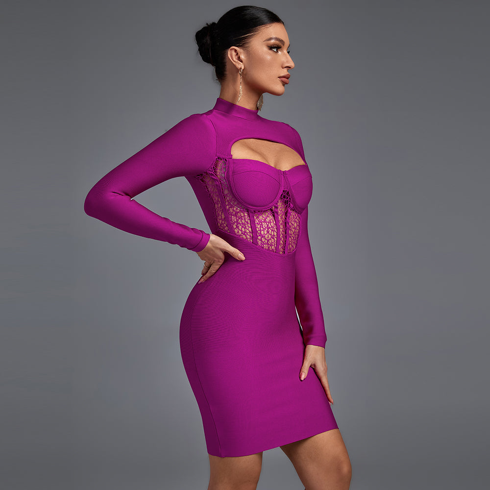 High Neck Long Sleeve Cut Out Midi Bandage Dress PF20011