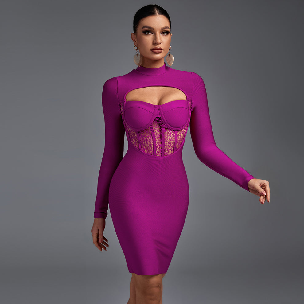 High Neck Long Sleeve Cut Out Midi Bandage Dress PF20011