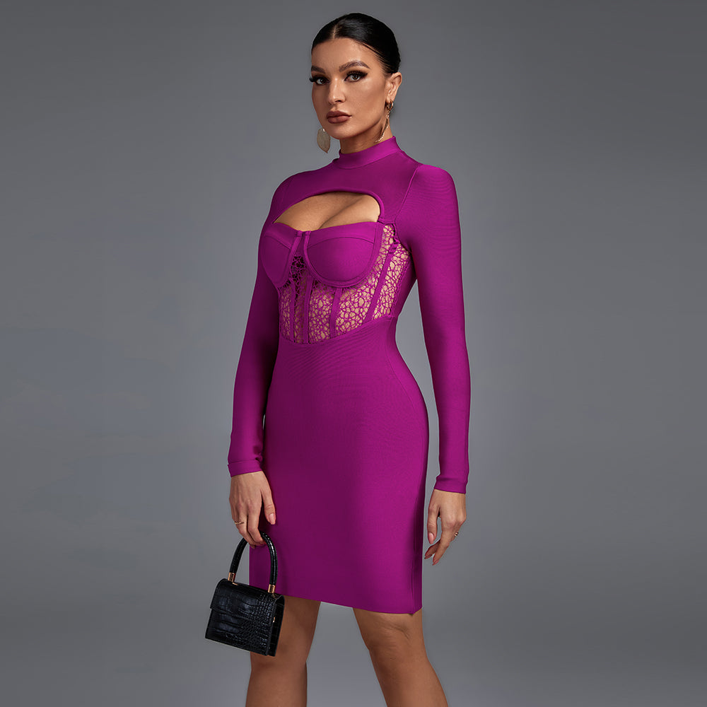 High Neck Long Sleeve Cut Out Midi Bandage Dress PF20011