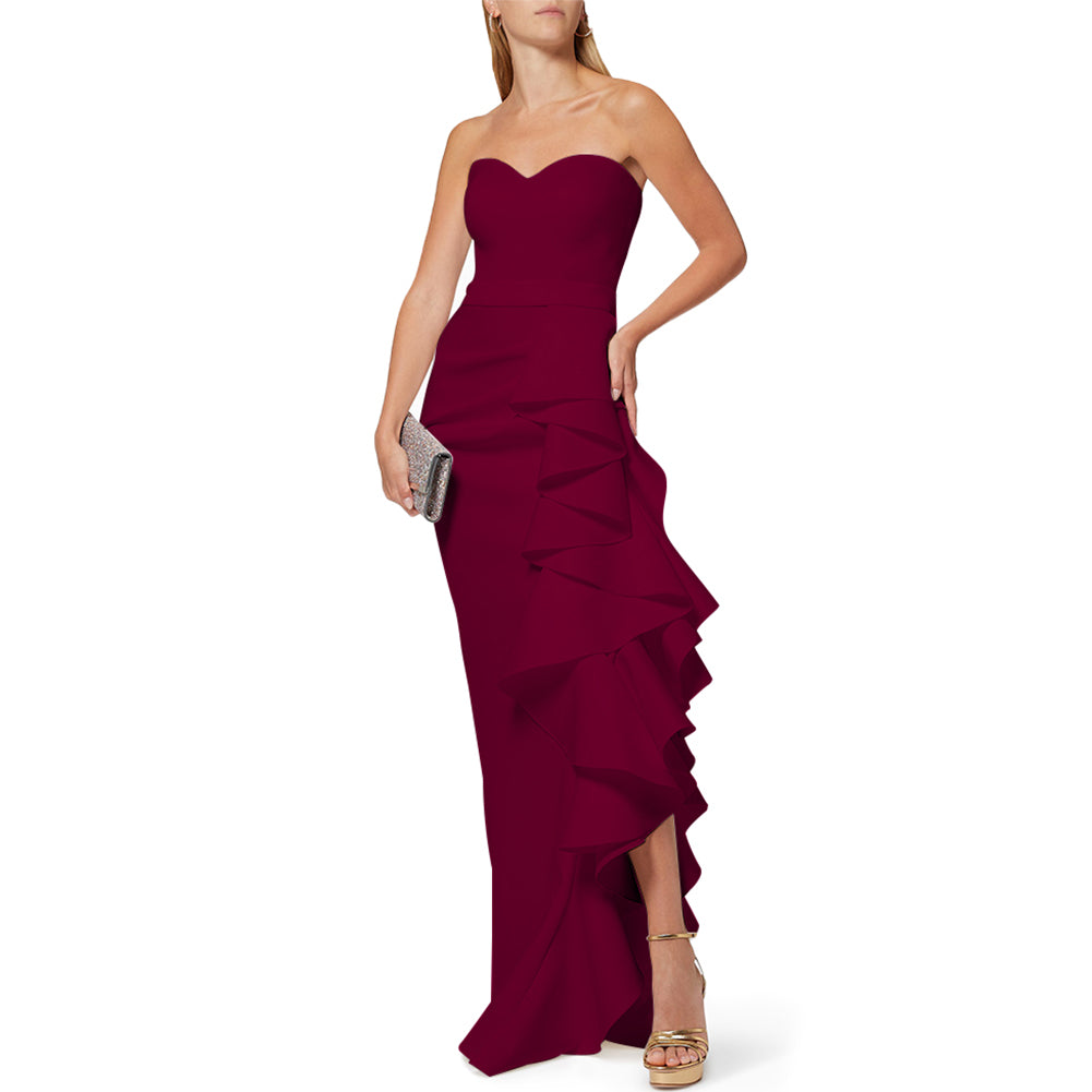 Red Strapless Sleeveless Frill Maxi Bodycon Dress LY19280