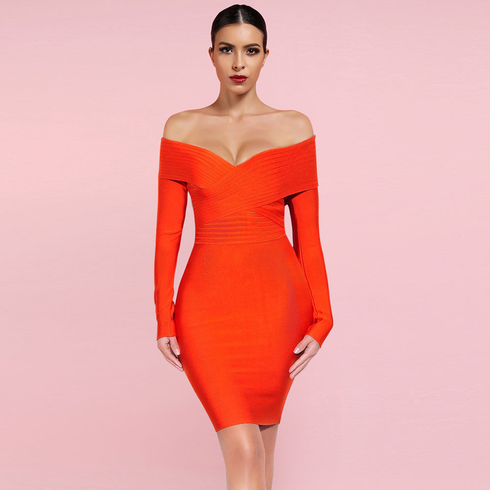 Off Shoulder Long Sleeve Striped Midi Bandage Dress PF091805