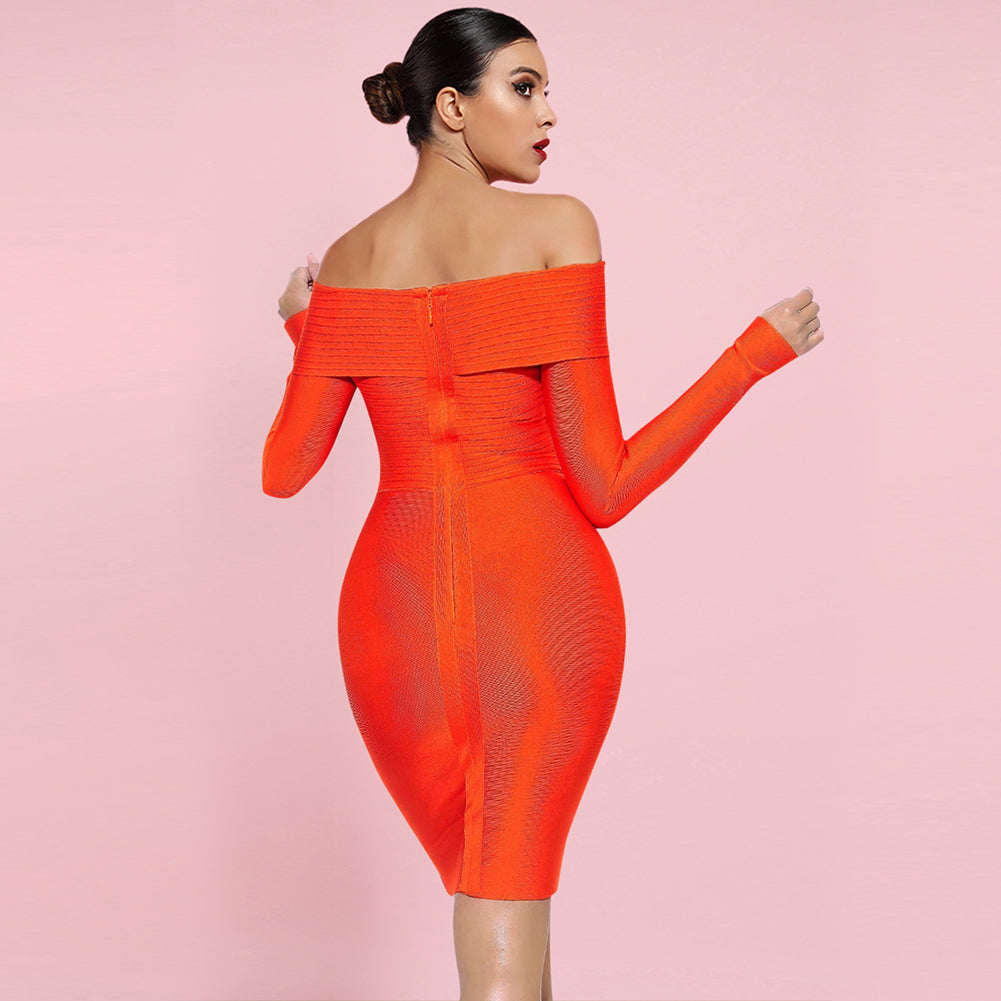 Off Shoulder Long Sleeve Striped Midi Bandage Dress PF091805