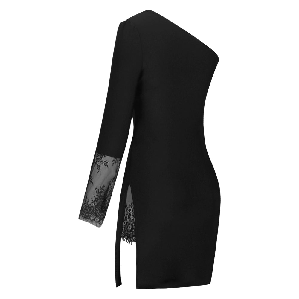 Black One Shoulder Long Sleeve Asymmetrical Mini Bandage Dress PF092002