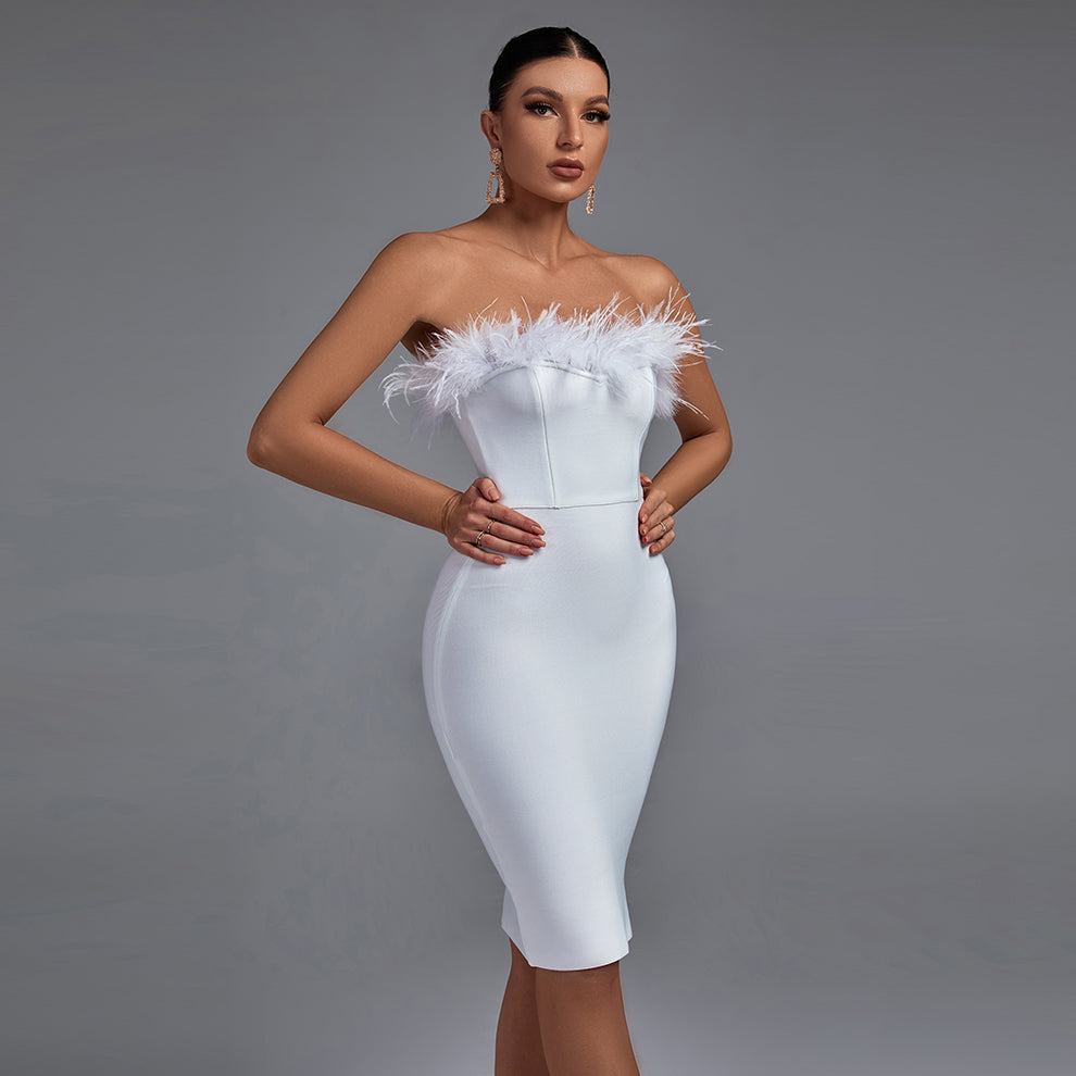 Strapless Sleeveless Plume Mini Bandage Dress PF1108