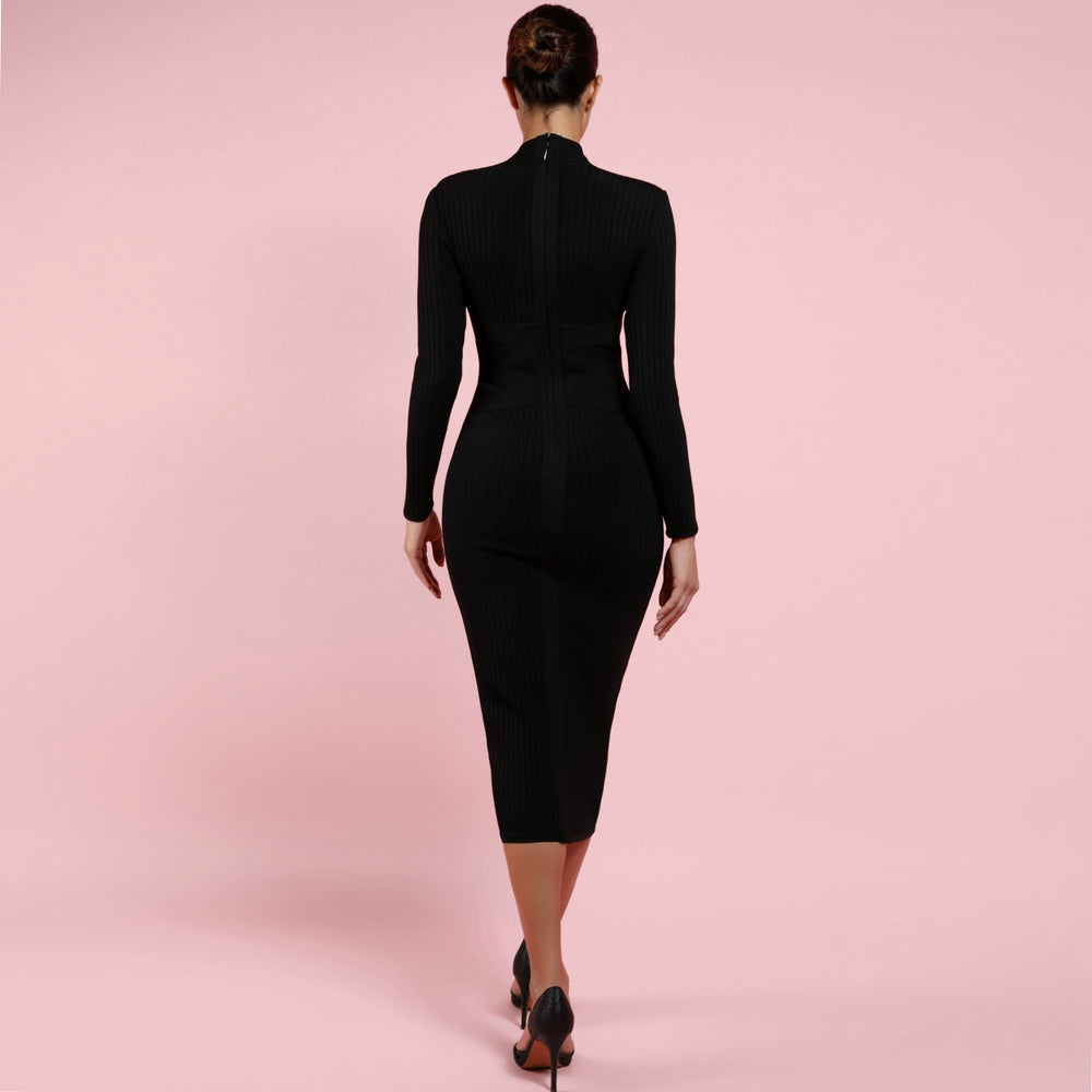 Round Neck Long Sleeve Striped Over Knee Bandage Dress PF1201