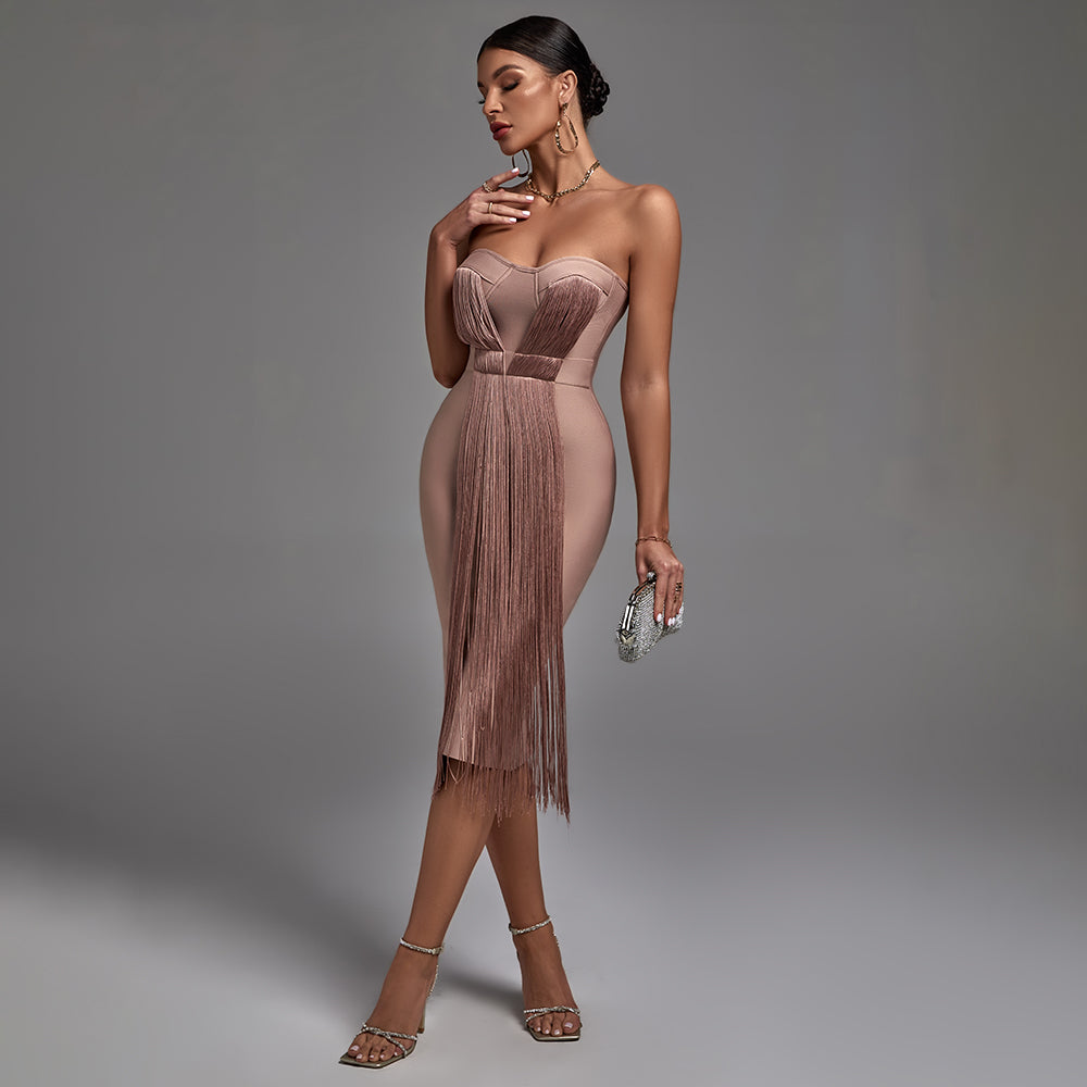 Strapless Tassels Over Knee Backless Bandage Dress PF19034