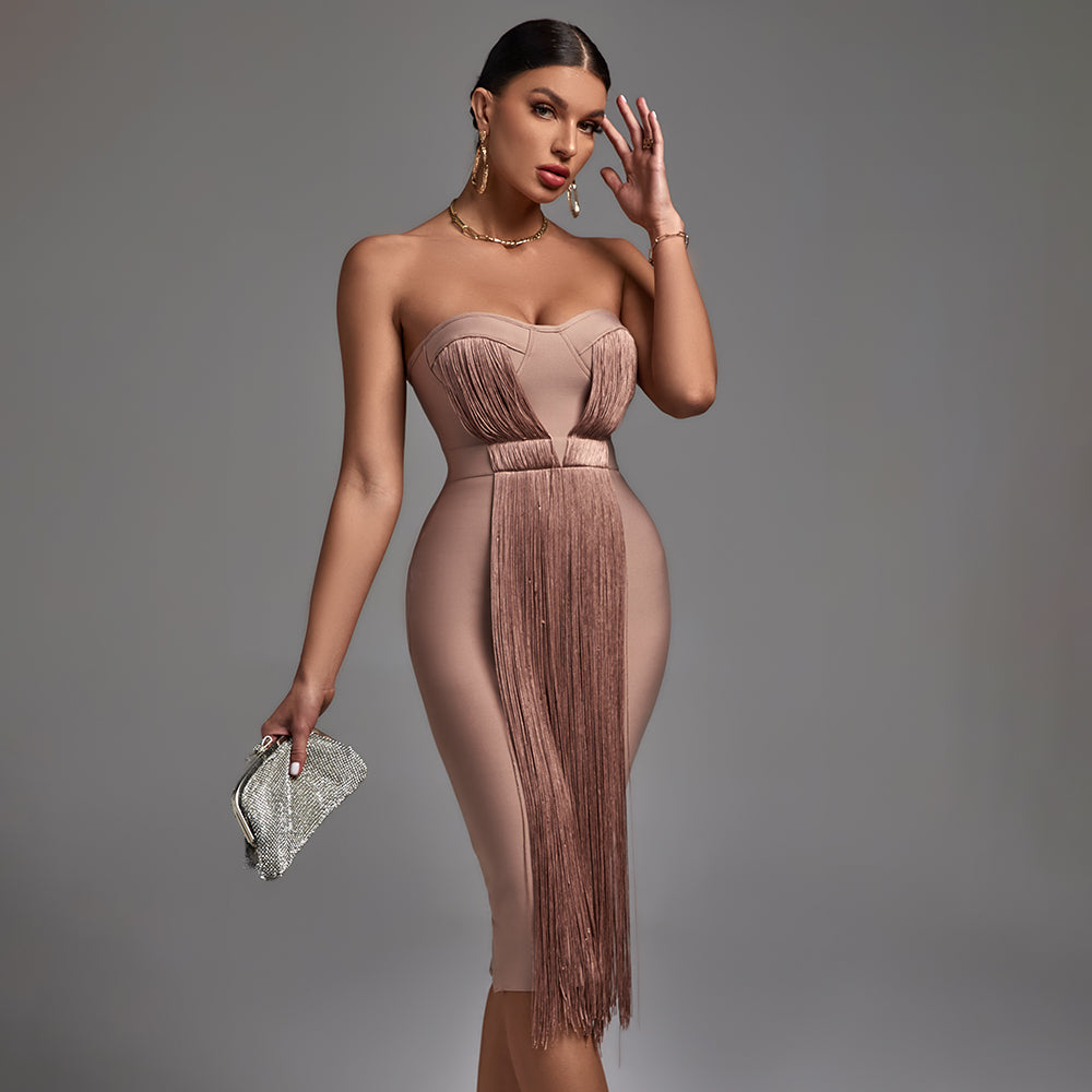 Strapless Tassels Over Knee Backless Bandage Dress PF19034