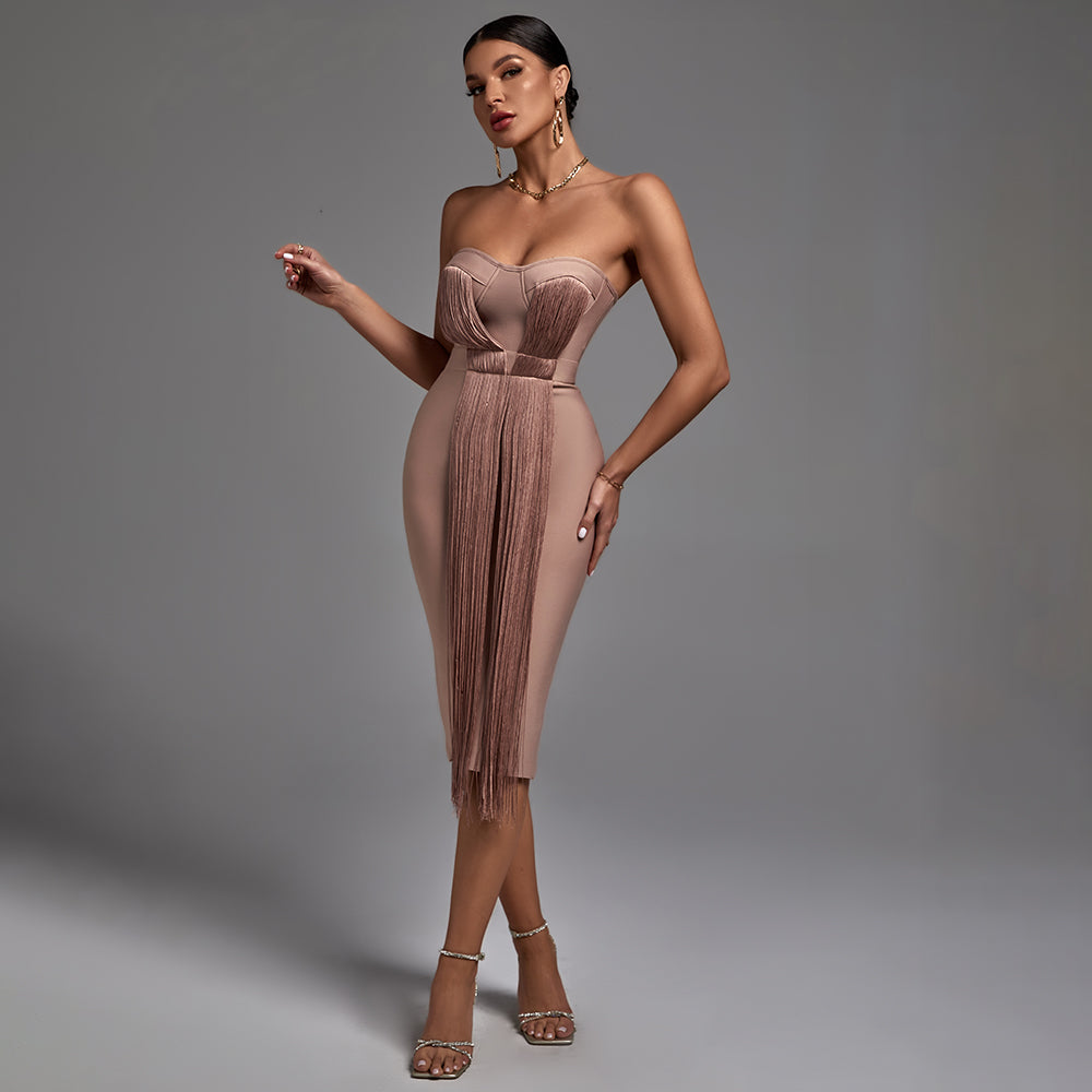 Strapless Tassels Over Knee Backless Bandage Dress PF19034