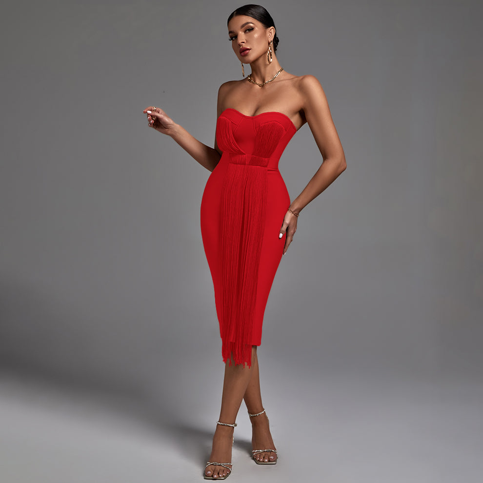 Strapless Tassels Over Knee Backless Bandage Dress PF19034