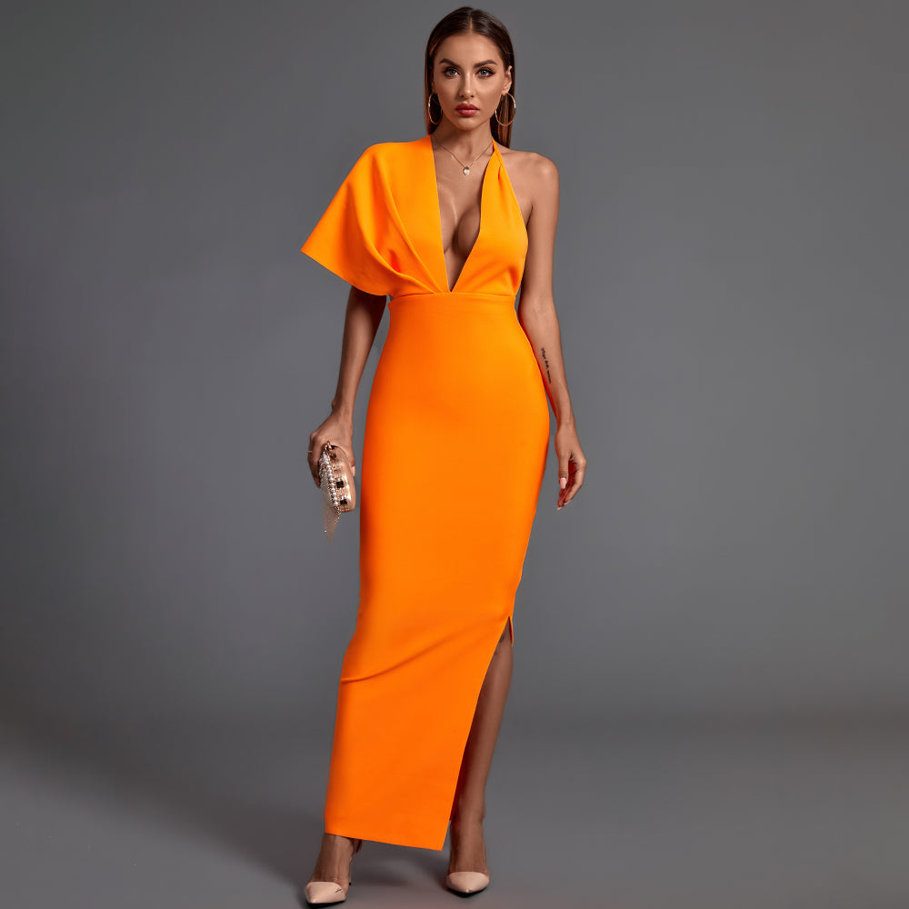 V Neck Short Sleeve Backless Maxi Bandage Dress PF19077