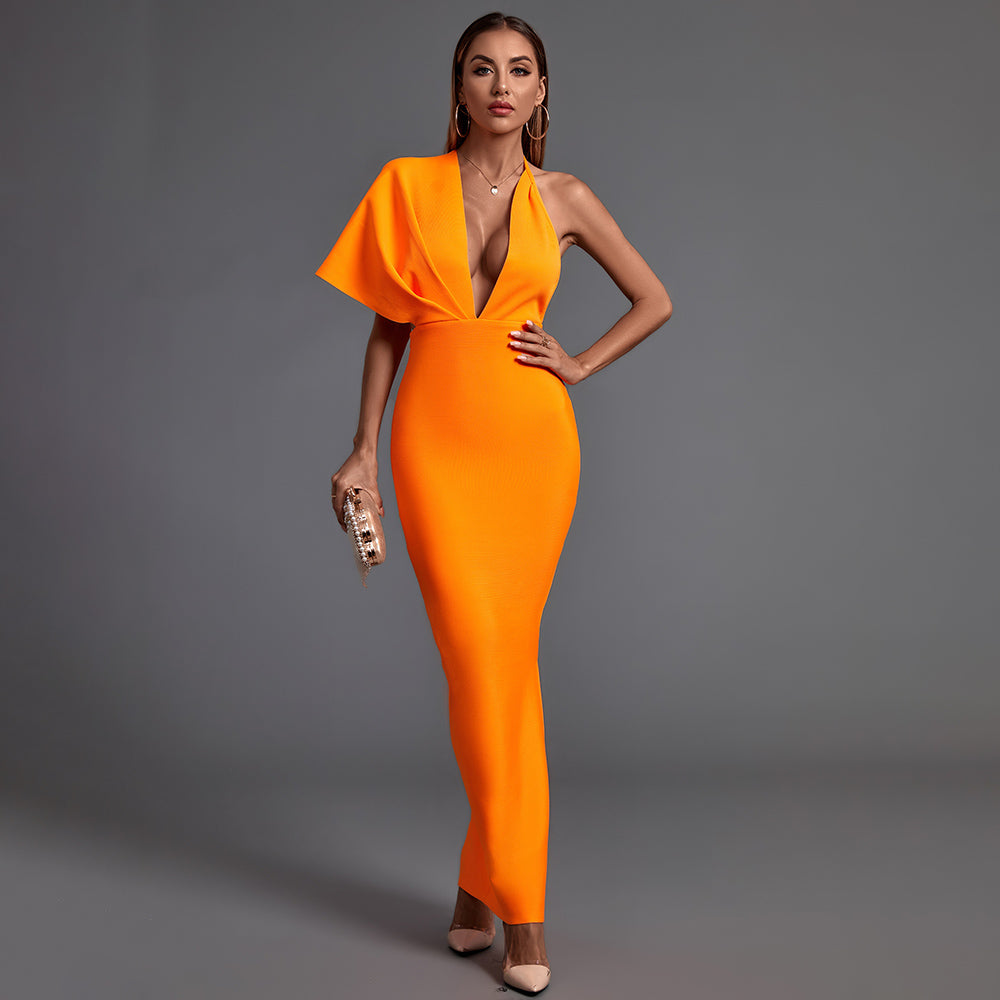 V Neck Short Sleeve Backless Maxi Bandage Dress PF19077