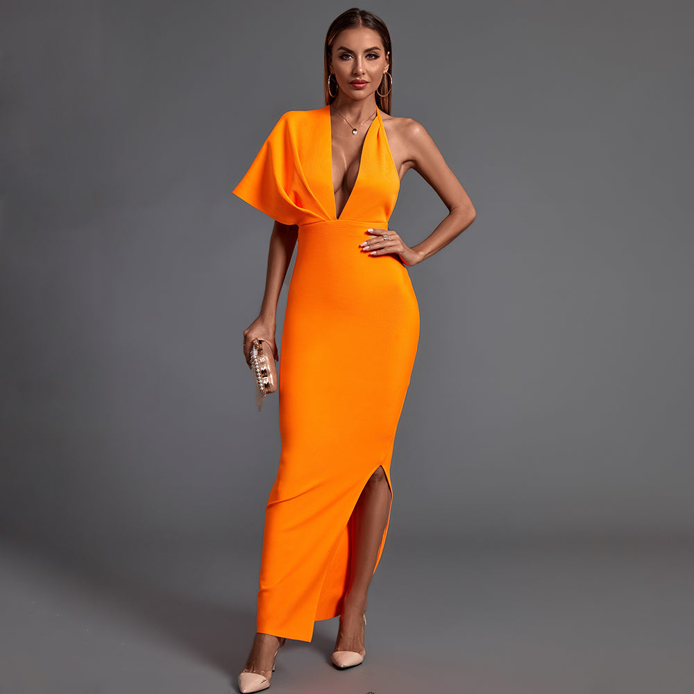 V Neck Short Sleeve Backless Maxi Bandage Dress PF19077