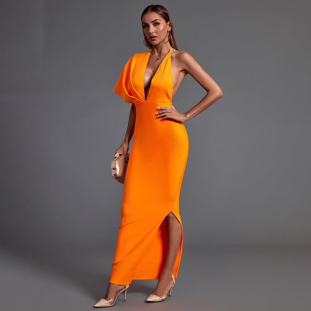 V Neck Short Sleeve Backless Maxi Bandage Dress PF19077