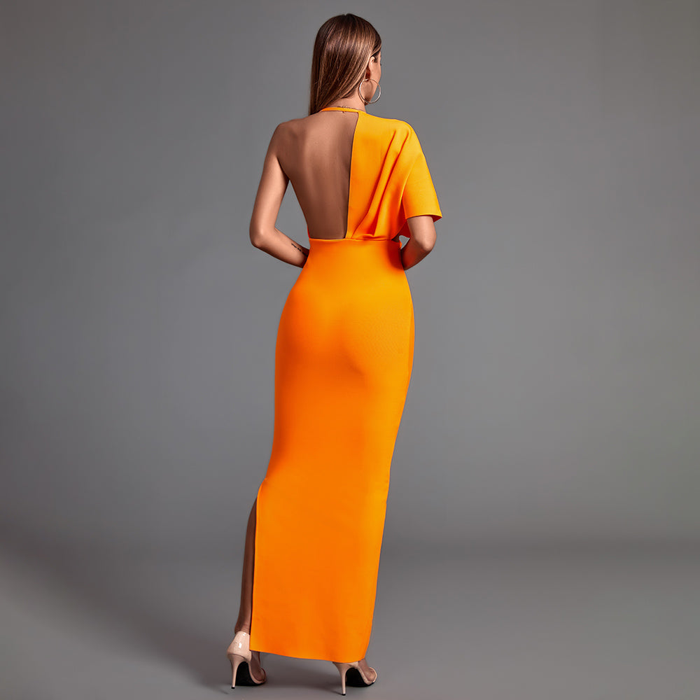 V Neck Short Sleeve Backless Maxi Bandage Dress PF19077