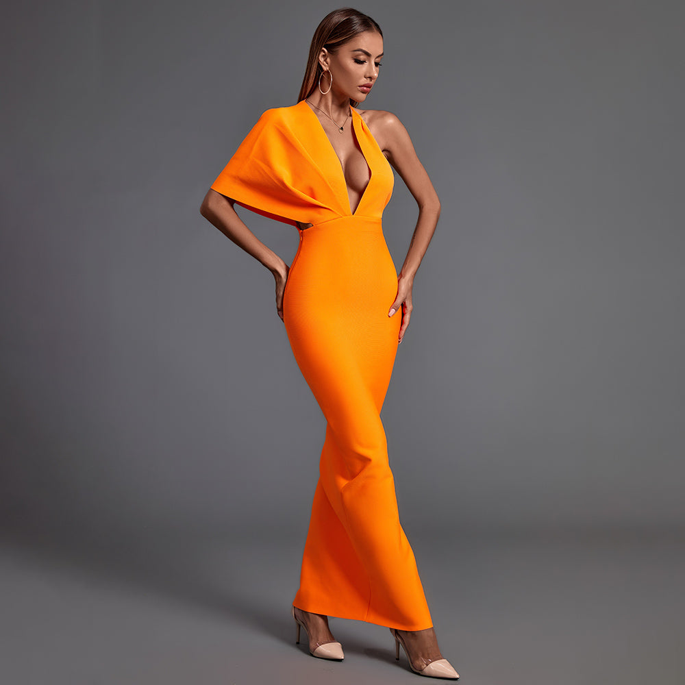 V Neck Short Sleeve Backless Maxi Bandage Dress PF19077