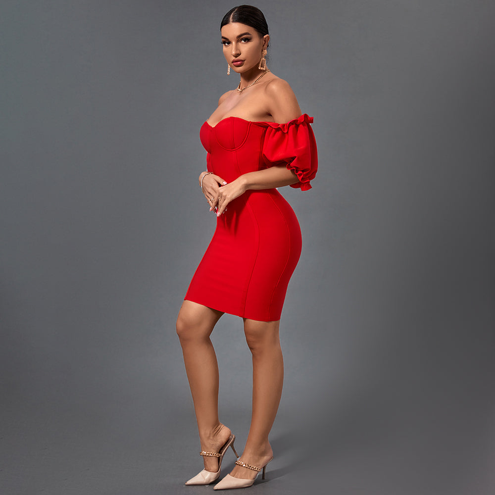 Off Shoulder Short Sleeve Backless Mini Bandage Dress PF20006