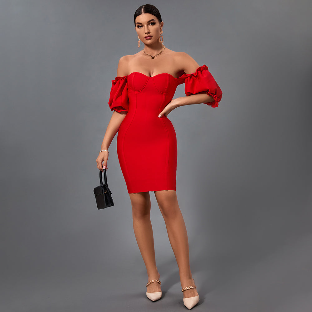 Off Shoulder Short Sleeve Backless Mini Bandage Dress PF20006