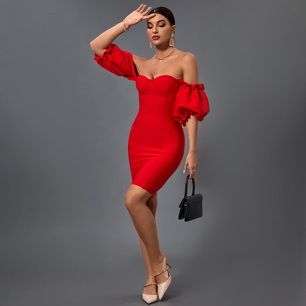 Off Shoulder Short Sleeve Backless Mini Bandage Dress PF20006