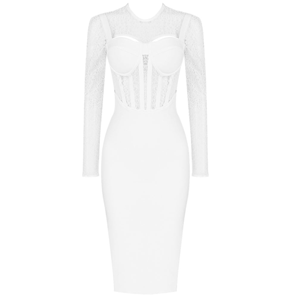 Round Neck Long Sleeve Lace Over Knee Bandage Dress PF20009