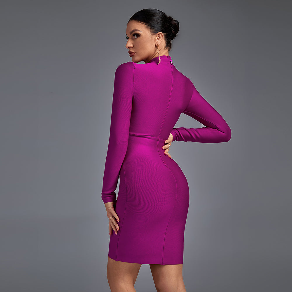 High Neck Long Sleeve Cut Out Midi Bandage Dress PF20011