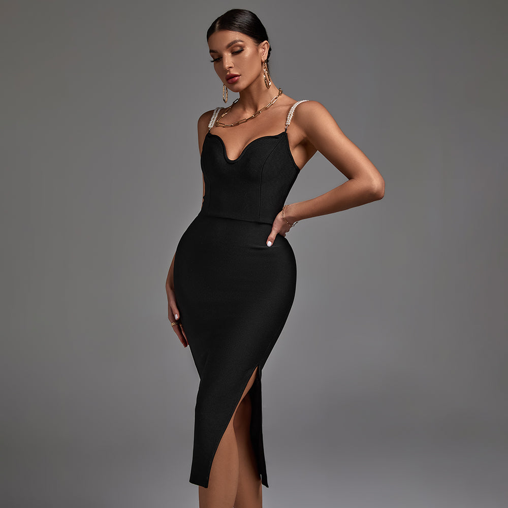 Black Strappy Sleeveless Bubble Beads Midi Bandage Dress PF21121606