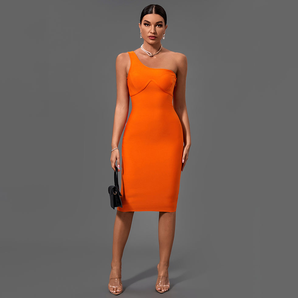 Orange One Shoulder Sleeveless Asymmetrical Midi Bandage Dress PF21422