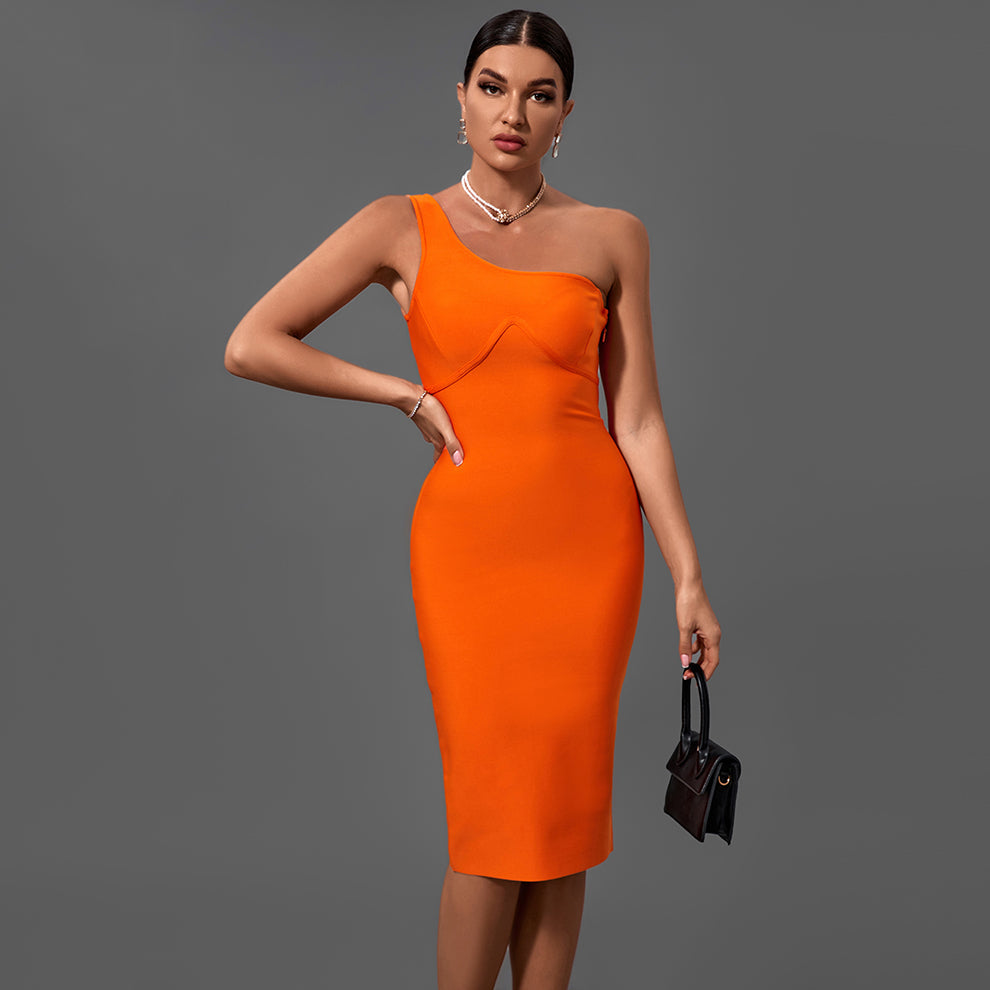 Orange One Shoulder Sleeveless Asymmetrical Midi Bandage Dress PF21422