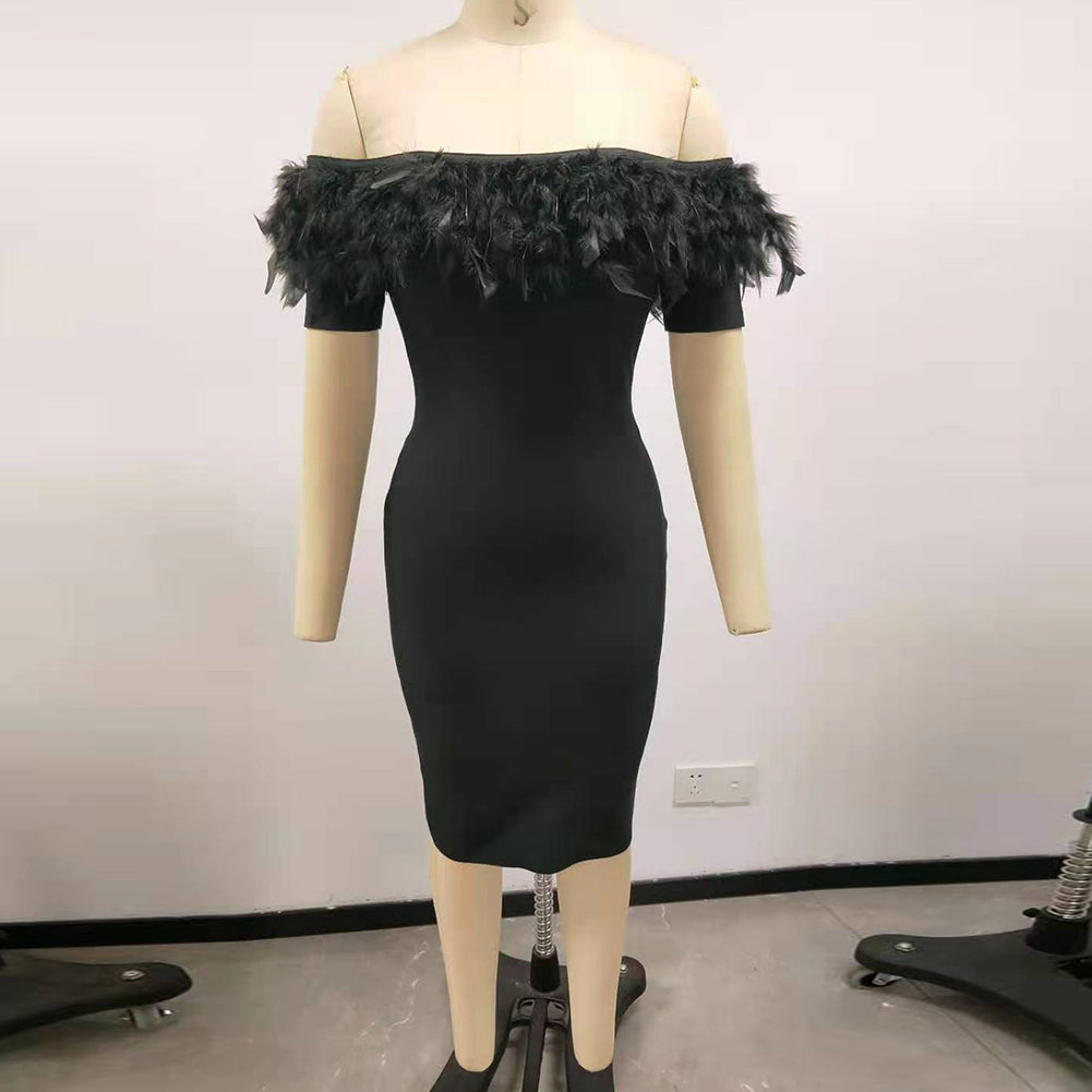 Off Shoulder Short Sleeve Feather Midi Bandage Dress PF21450