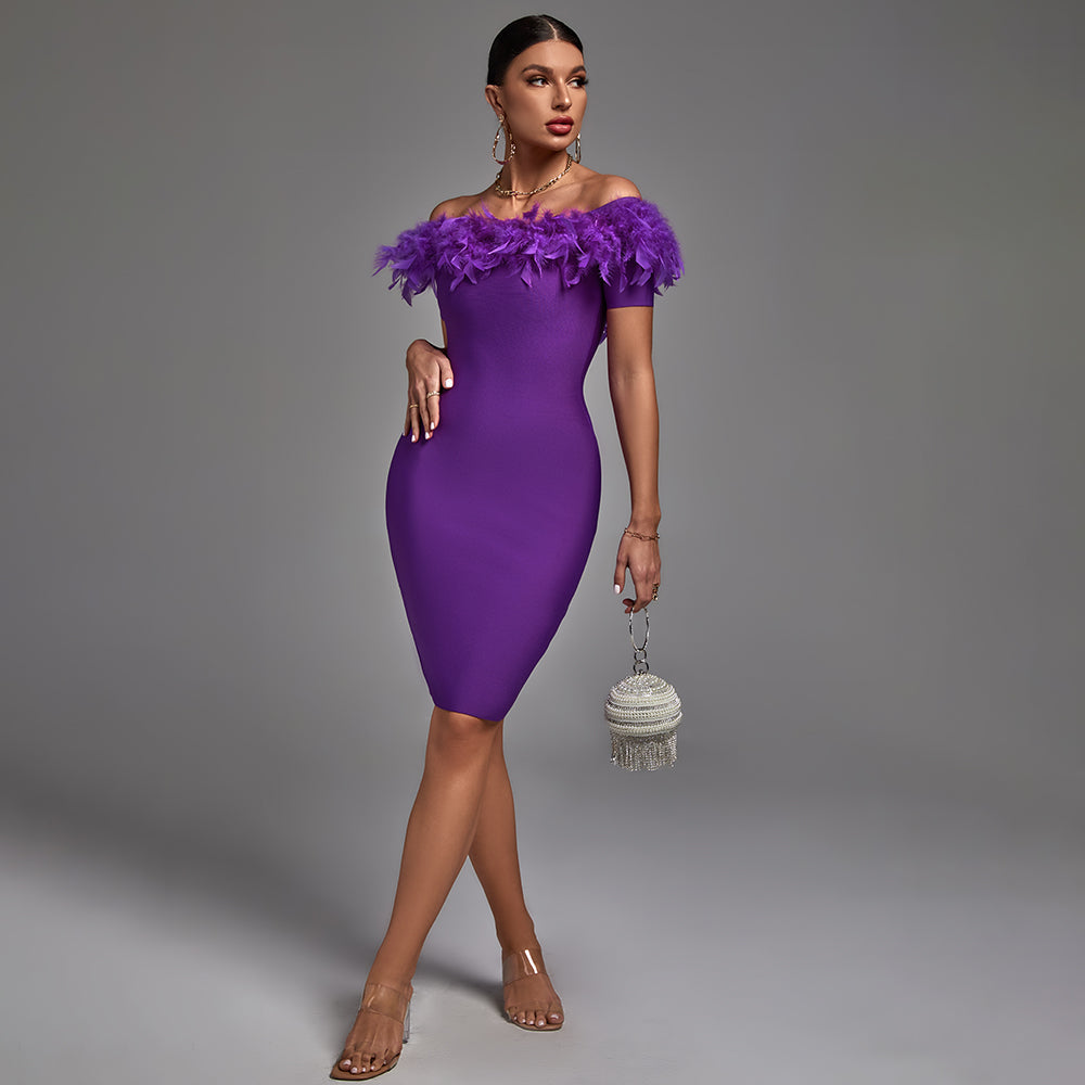 Off Shoulder Short Sleeve Feather Midi Bandage Dress PF21450