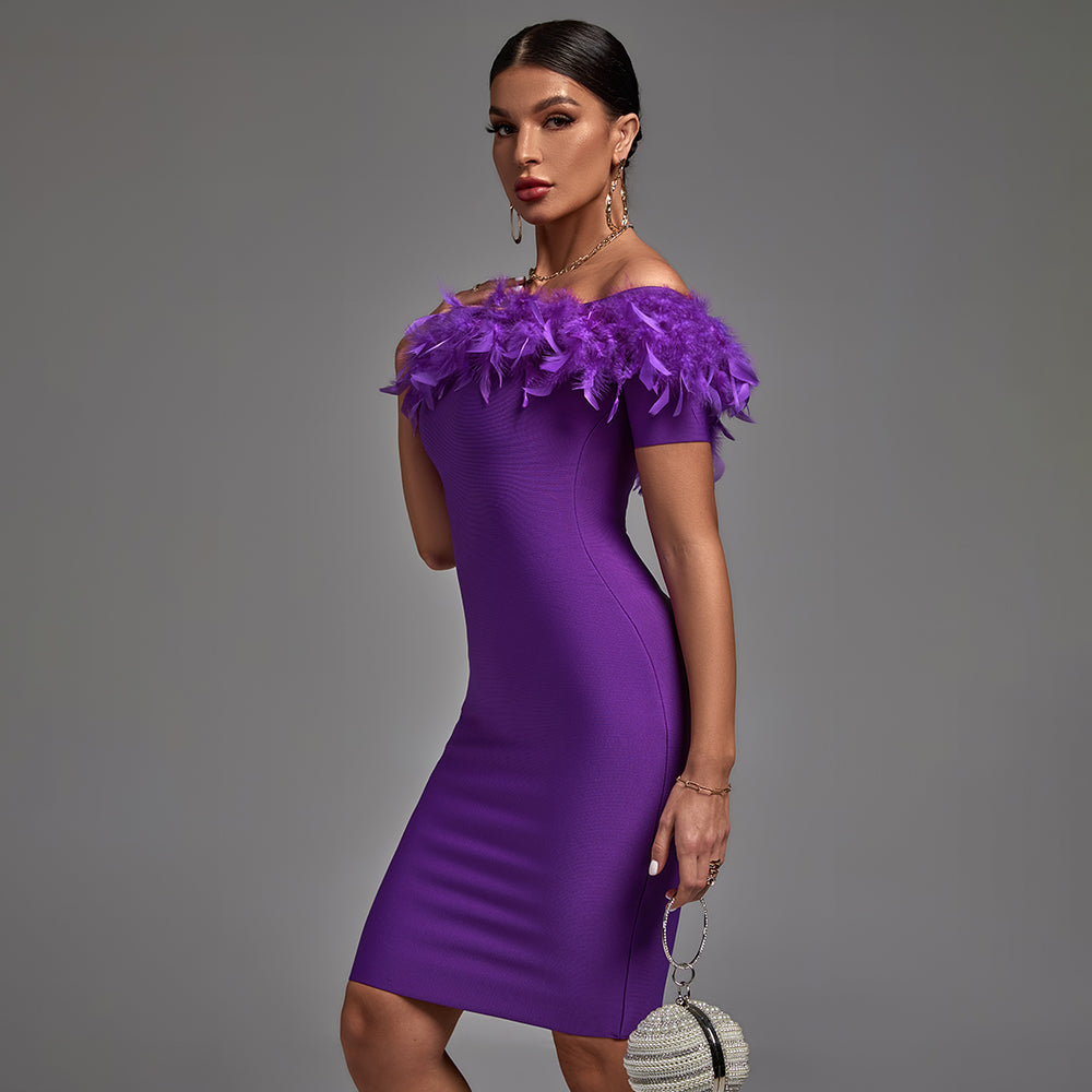 Off Shoulder Short Sleeve Feather Midi Bandage Dress PF21450