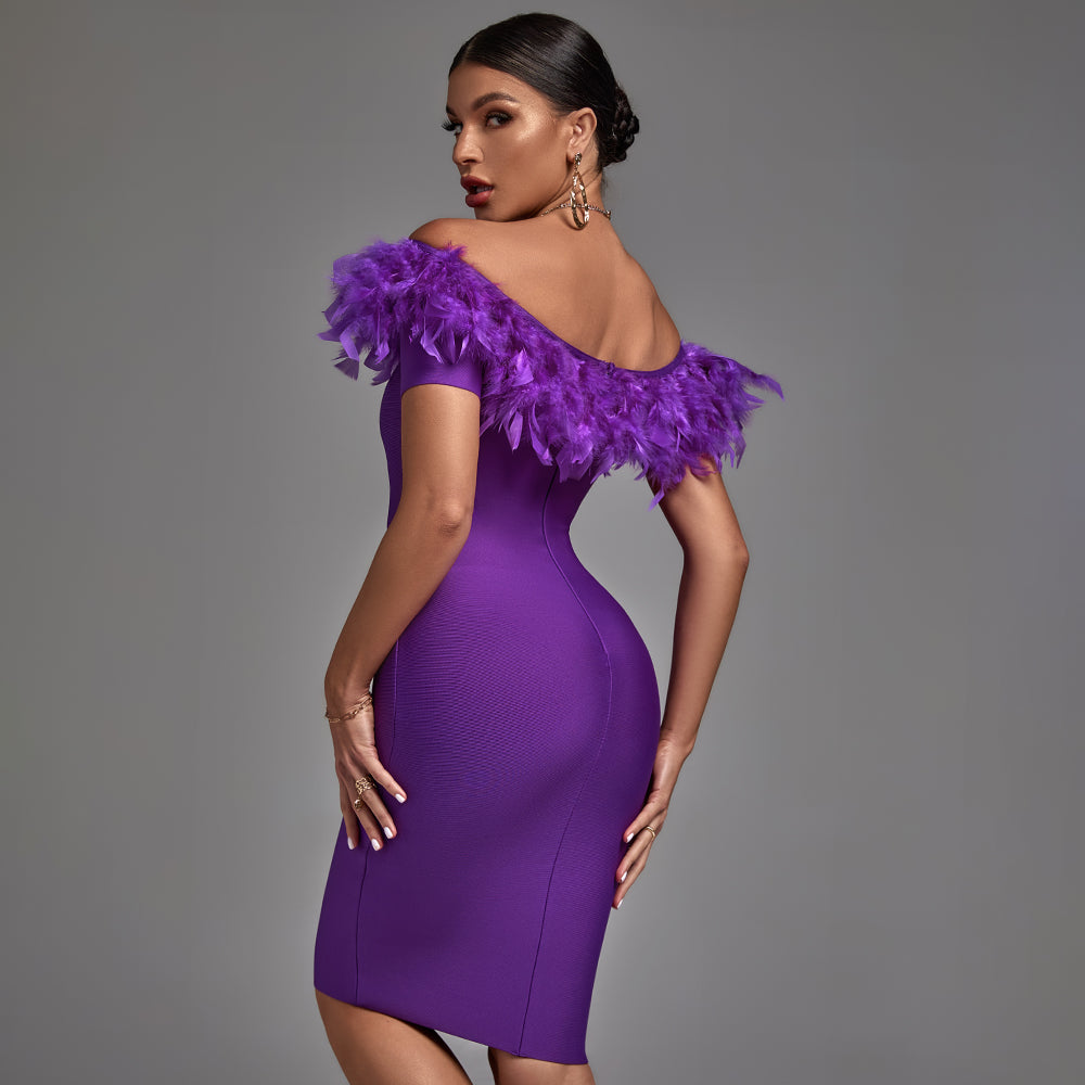 Off Shoulder Short Sleeve Feather Midi Bandage Dress PF21450