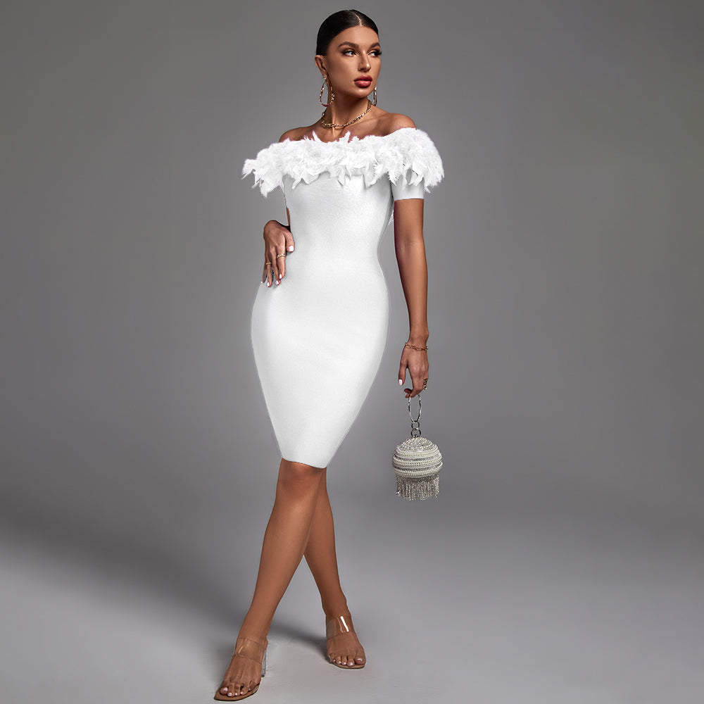 Off Shoulder Short Sleeve Feather Midi Bandage Dress PF21450