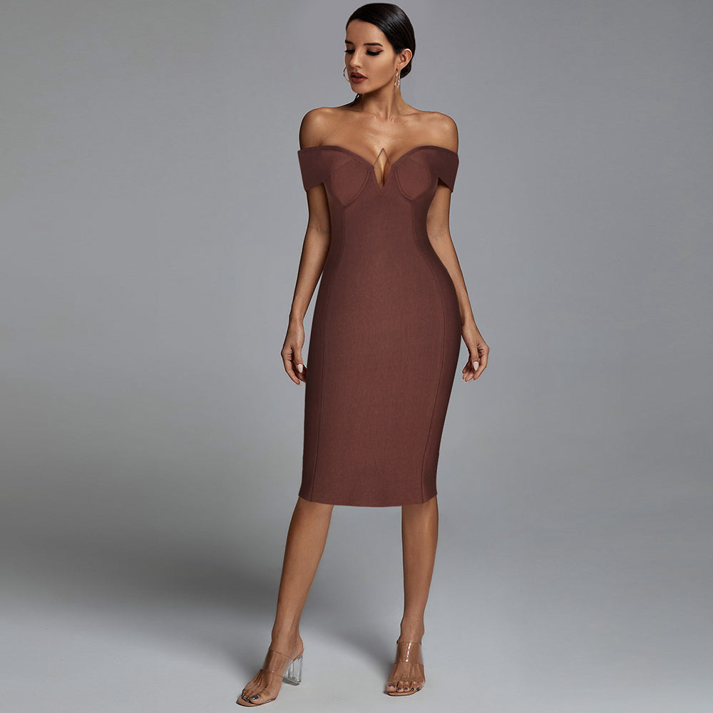 Off Shoulder Midi Elegant Bandage Dress PF21611