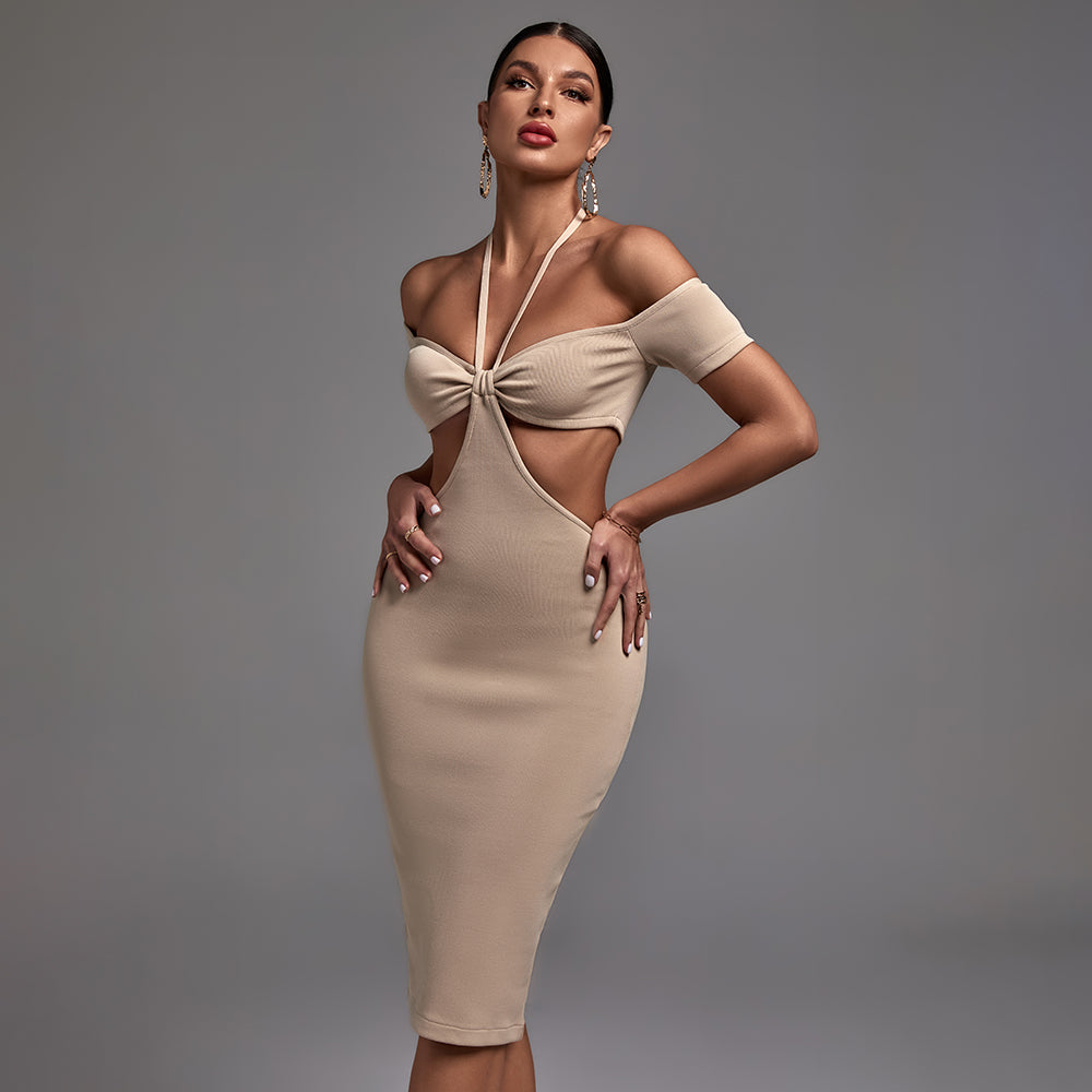 Nude Halter Short Sleeve Cut Out Midi Bandage Dress PF21620