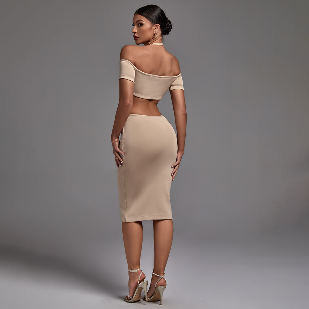 Nude Halter Short Sleeve Cut Out Midi Bandage Dress PF21620