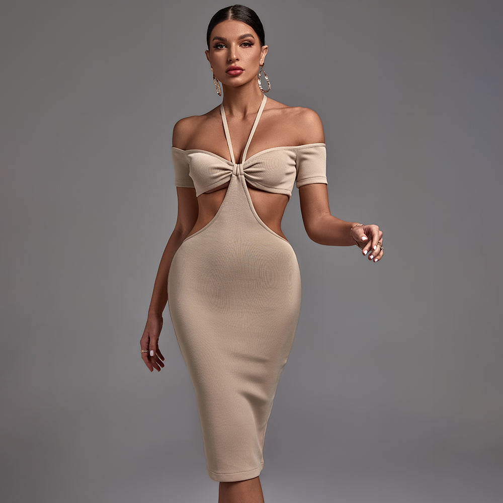 Nude Halter Short Sleeve Cut Out Midi Bandage Dress PF21620