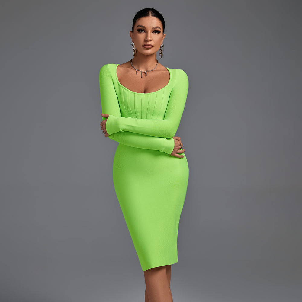 Square Collar Long Sleeve Striped Midi Bandage Dress PF21705