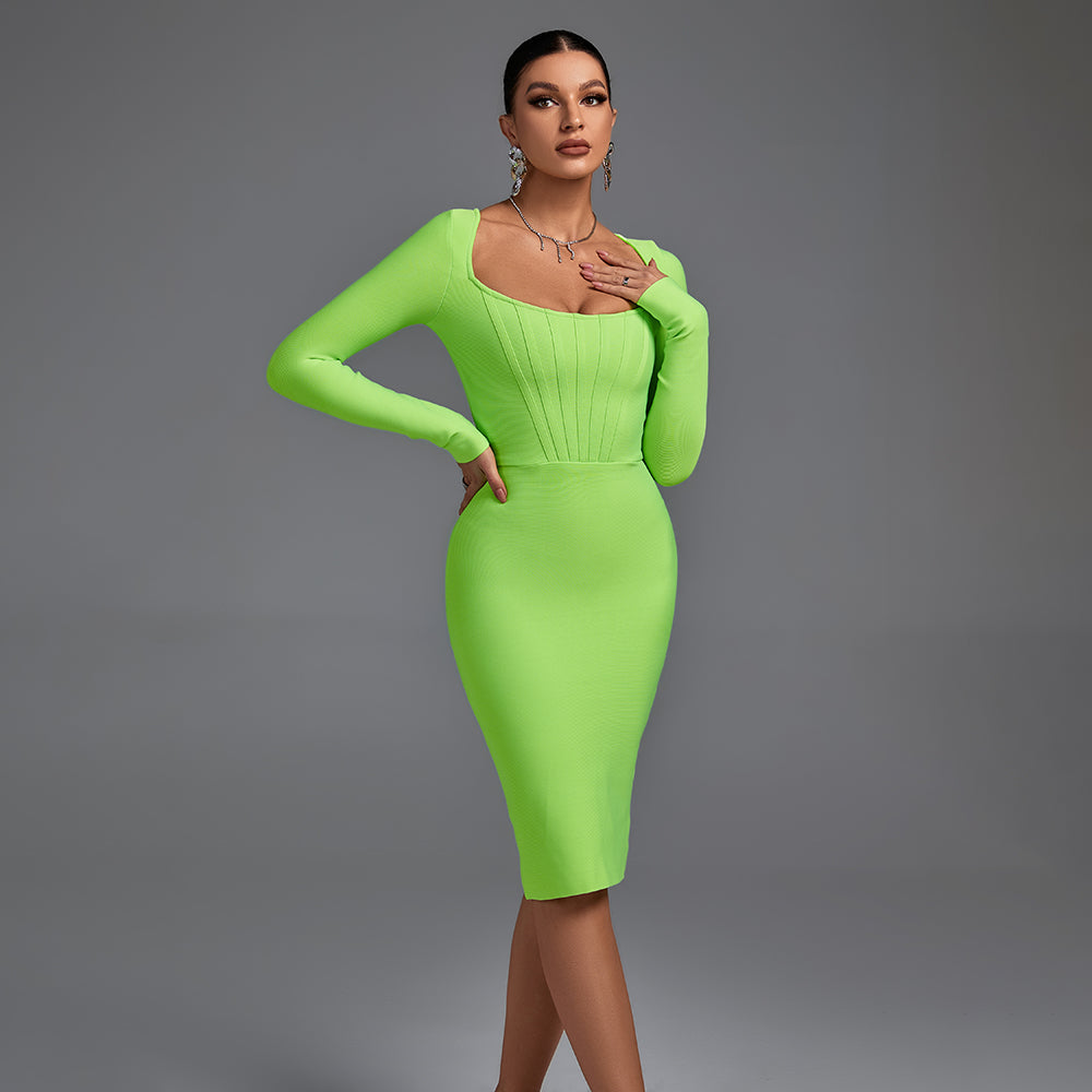 Square Collar Long Sleeve Striped Midi Bandage Dress PF21705