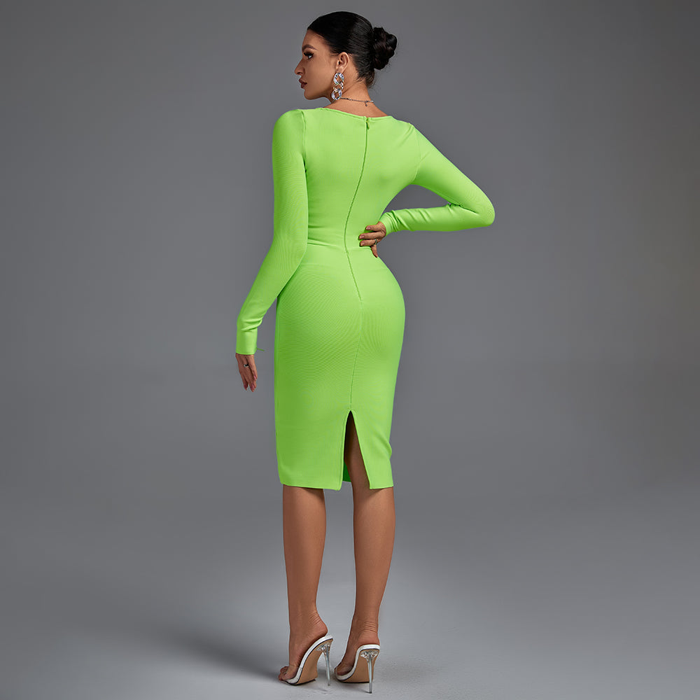 Square Collar Long Sleeve Striped Midi Bandage Dress PF21705