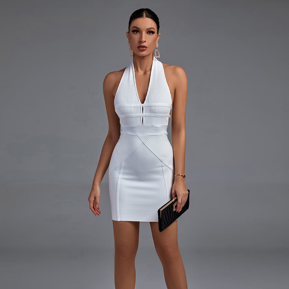 Halter Sleeveless Striped Midi Bandage Dress PF21803