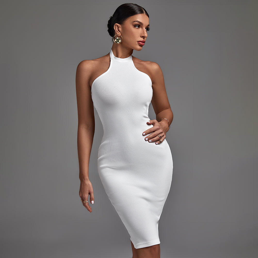 Halter Sleeveless Striped Midi Backless Bandage Dress PF21830