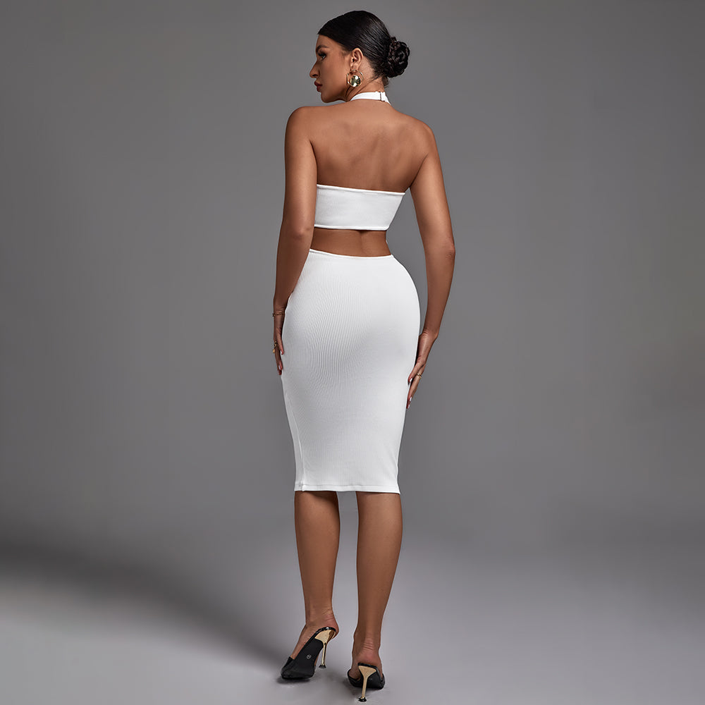 Halter Sleeveless Striped Midi Backless Bandage Dress PF21830