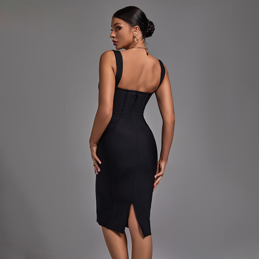 Black Strappy Sleeveless Striped Midi Bandage Dress PF22031