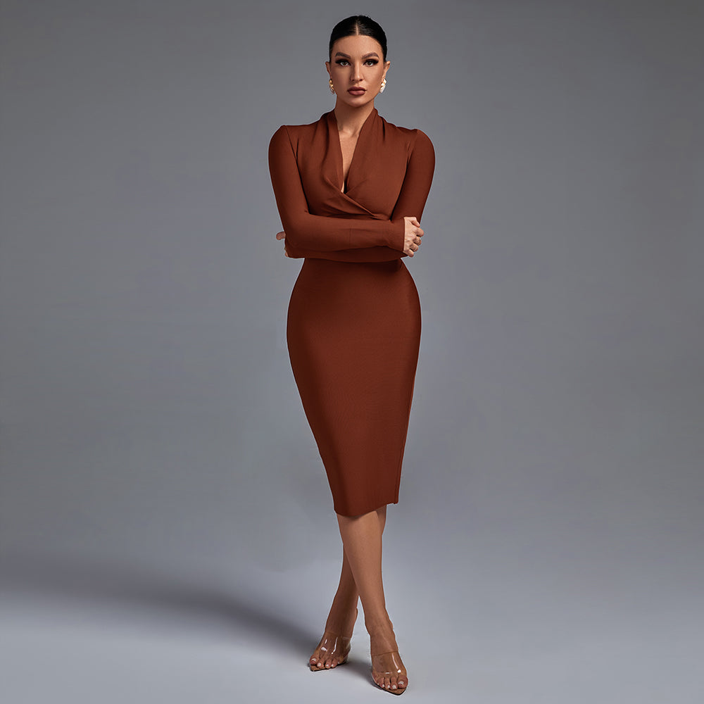 V Neck Long Sleeve Bandage Dress PFHJ649